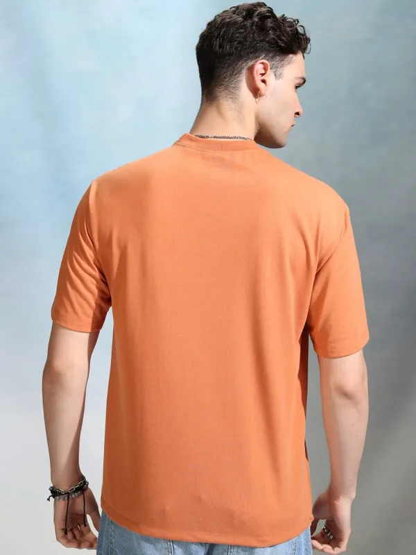Highlander Men Orange Printed Round Neck Oversized Fit T-Shirt
