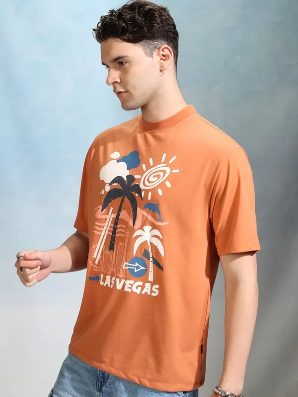 Highlander Men Orange Printed Round Neck Oversized Fit T-Shirt