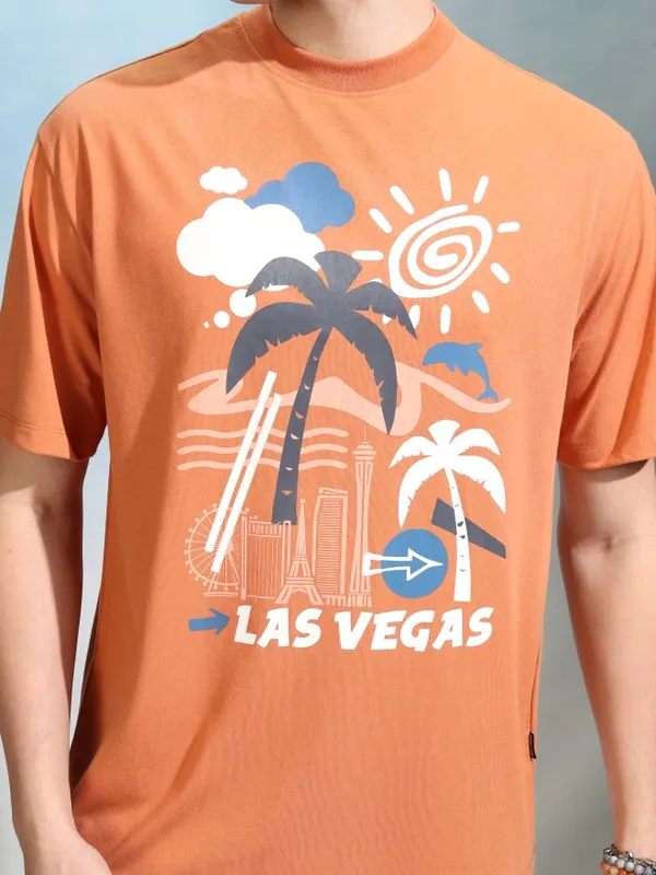 Highlander Men Orange Printed Round Neck Oversized Fit T-Shirt