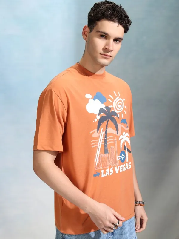 Highlander Men Orange Printed Round Neck Oversized Fit T-Shirt