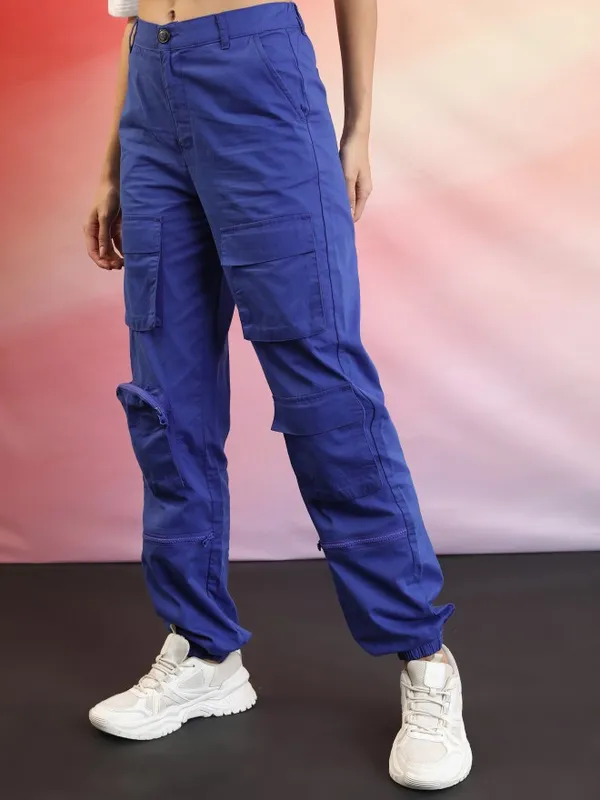 Ketch Women Blue Solid Regular Fit Cargos