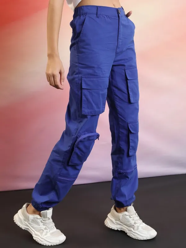 Ketch Women Blue Solid Regular Fit Cargos