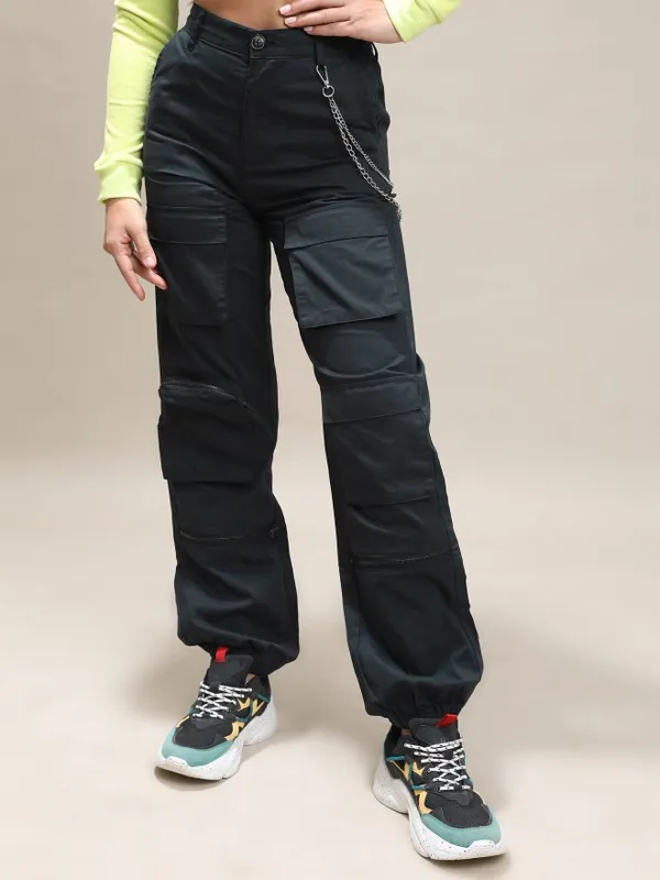  Tokyo Talkies Women Black Solid Regular Fit Casual Trousers