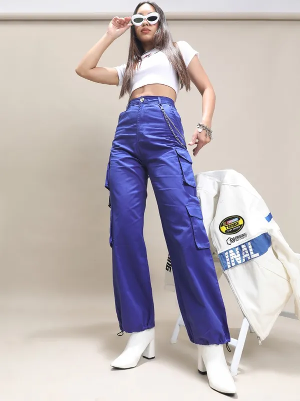 Tokyo Talkies Women Blue Solid Regular Fit Cargos