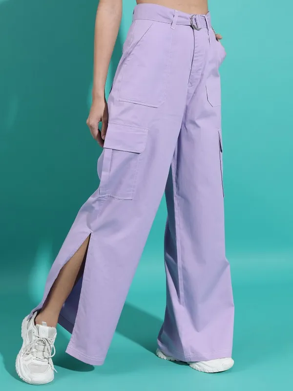 Tokyo Talkies Women Purple Solid Flared Cargos