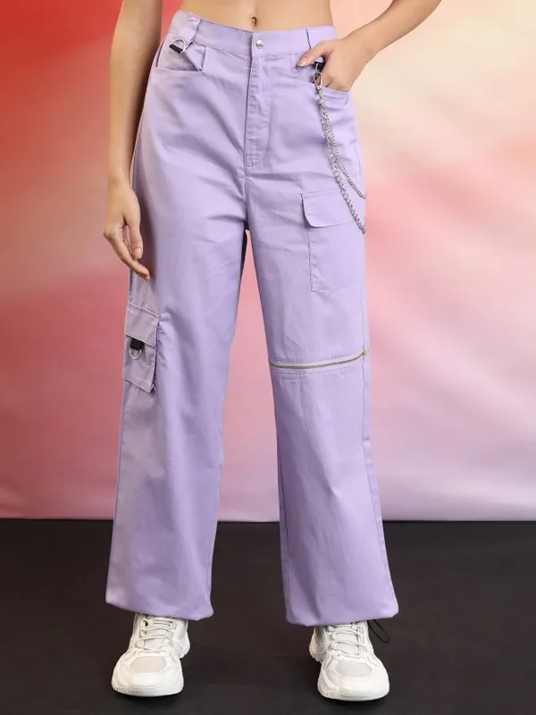  Tokyo Talkies Women Purple Solid Regular Fit Casual Trousers