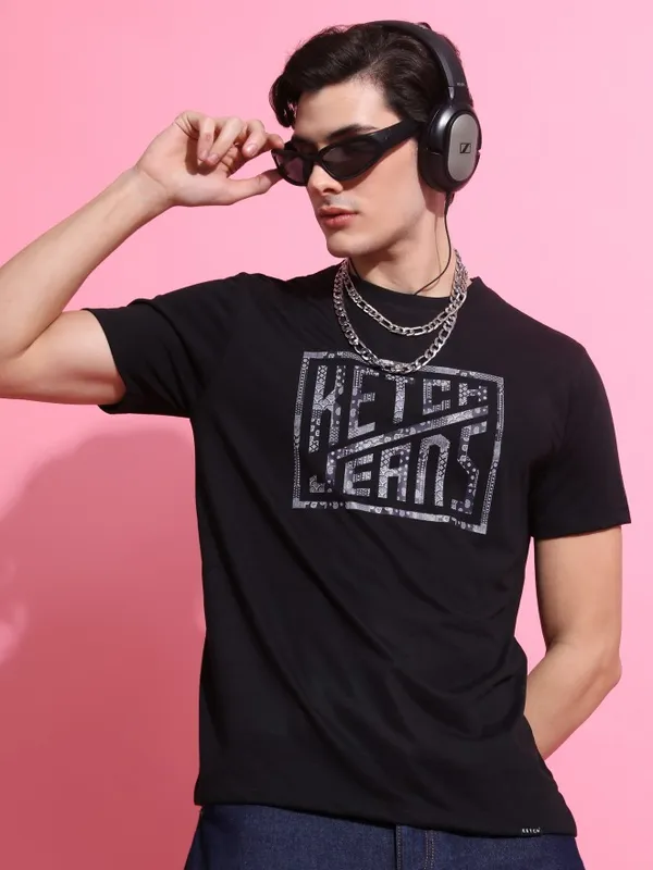  Ketch Men Black Printed Round Neck T-Shirts