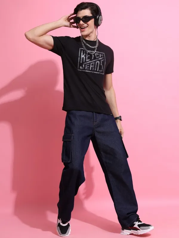  Ketch Men Black Printed Round Neck T-Shirts
