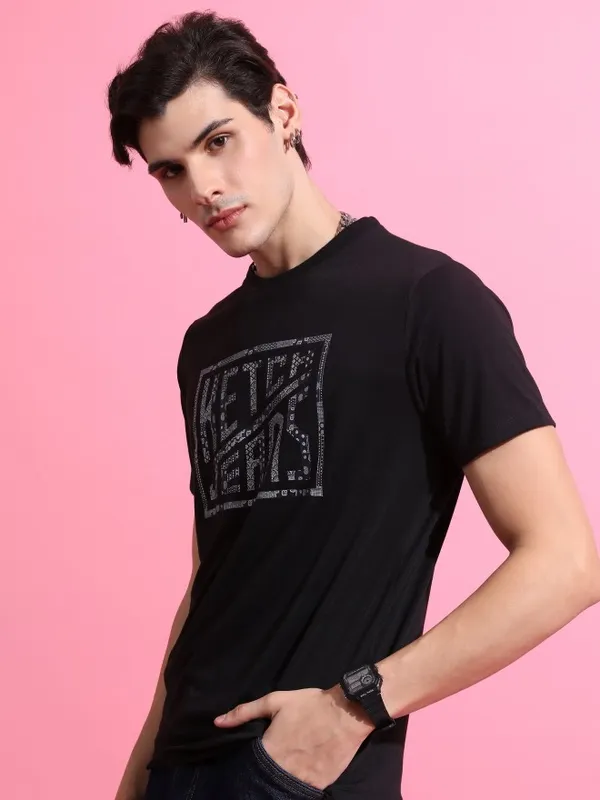  Ketch Men Black Printed Round Neck T-Shirts