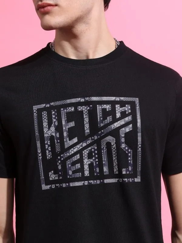  Ketch Men Black Printed Round Neck T-Shirts