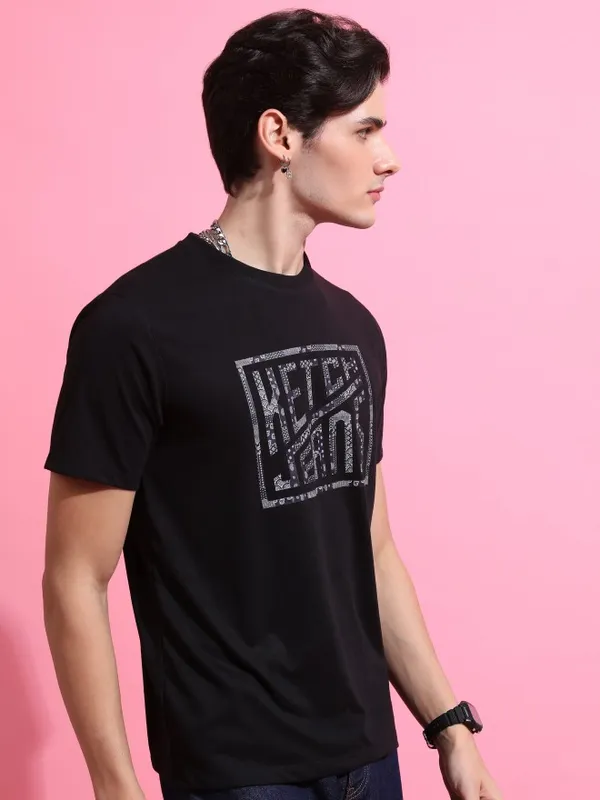  Ketch Men Black Printed Round Neck T-Shirts