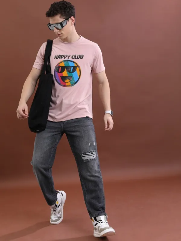  Ketch Men Peach Printed Round Neck T-Shirts