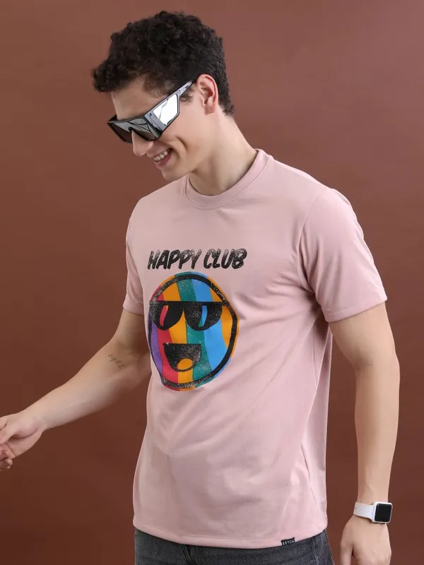  Ketch Men Peach Printed Round Neck T-Shirts