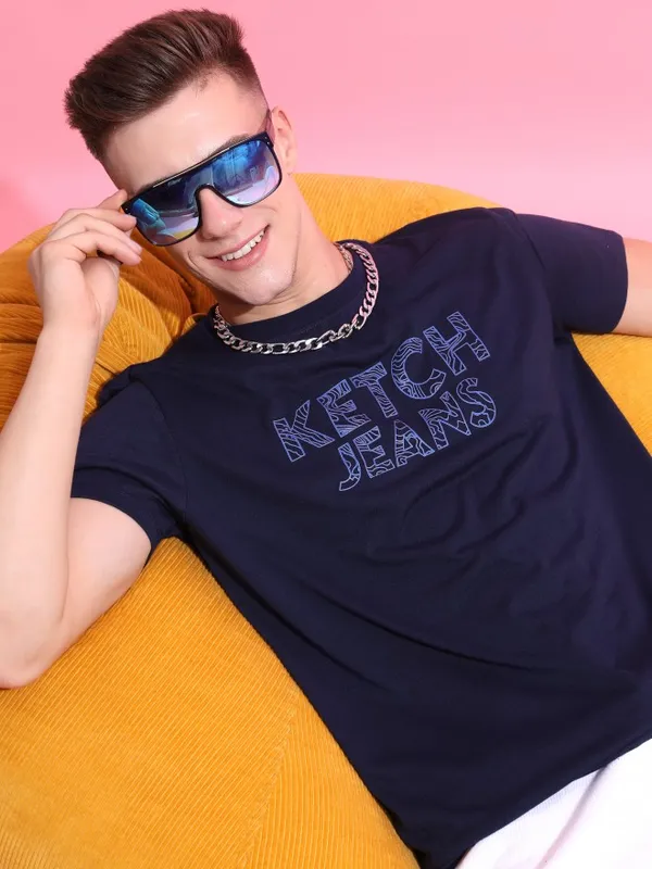  Ketch Men Navy Blue Printed Round Neck T-Shirts