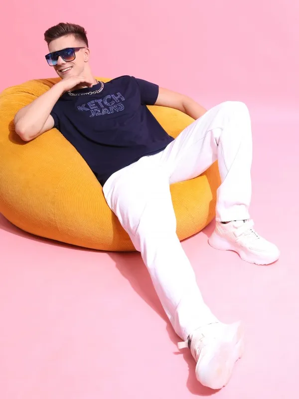  Ketch Men Navy Blue Printed Round Neck T-Shirts