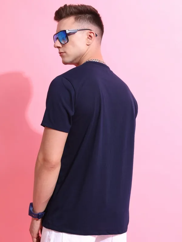  Ketch Men Navy Blue Printed Round Neck T-Shirts