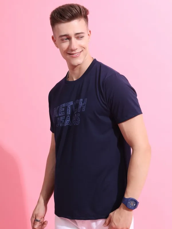  Ketch Men Navy Blue Printed Round Neck T-Shirts