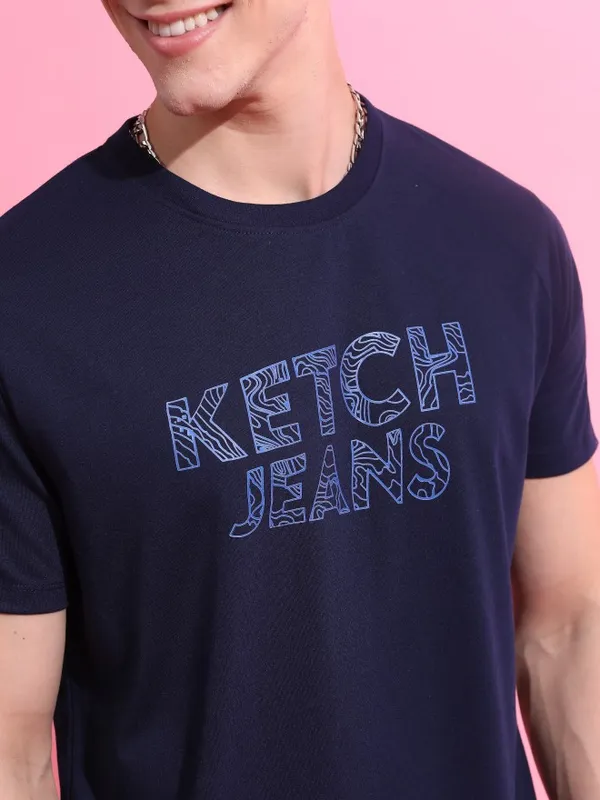  Ketch Men Navy Blue Printed Round Neck T-Shirts