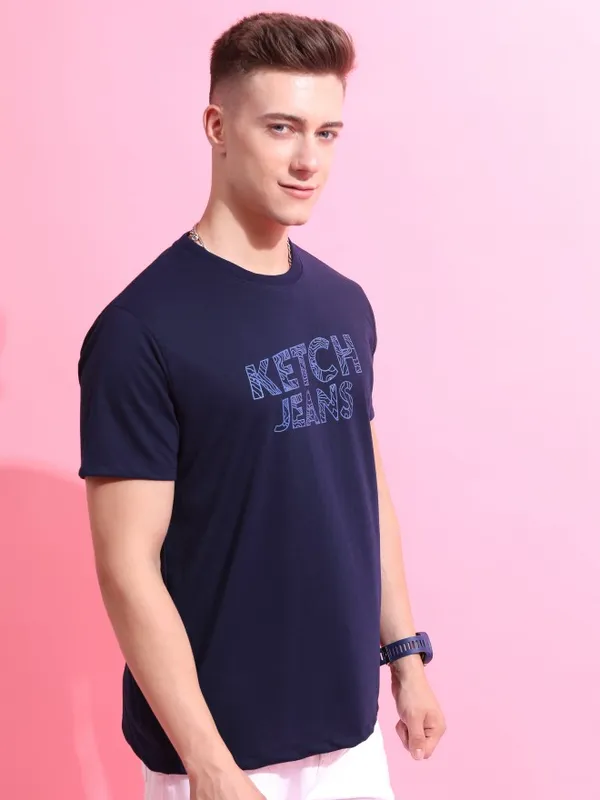  Ketch Men Navy Blue Printed Round Neck T-Shirts