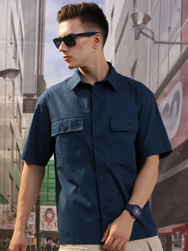  Highlander Men Blue Solid Oversized Fit Casual Shirts