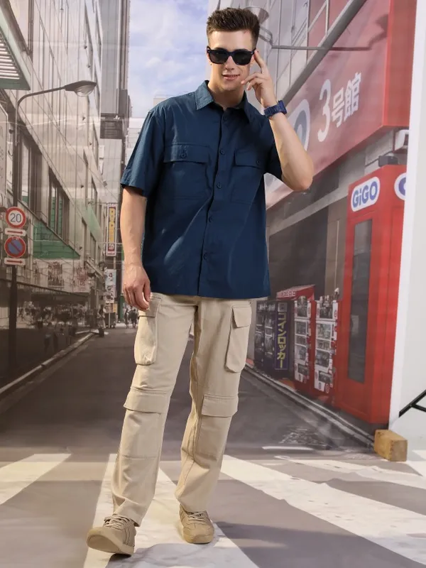 Highlander Men Blue Solid Oversized Fit Casual Shirts