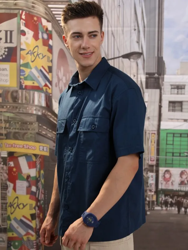  Highlander Men Blue Solid Oversized Fit Casual Shirts