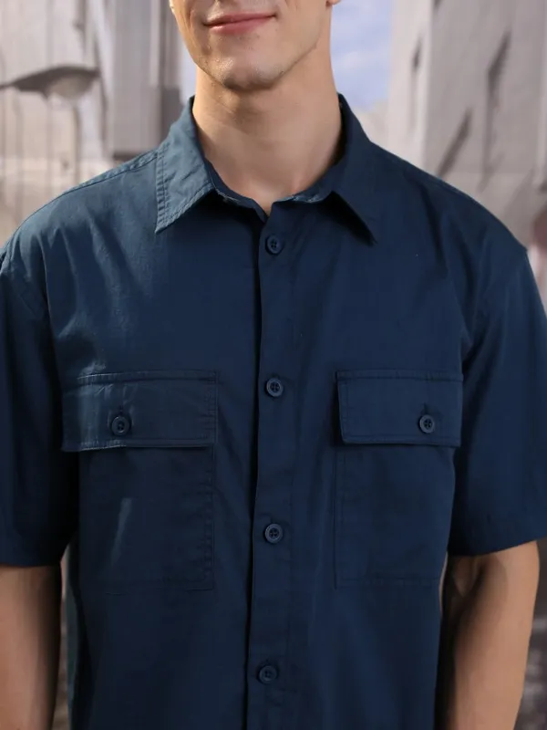  Highlander Men Blue Solid Oversized Fit Casual Shirts