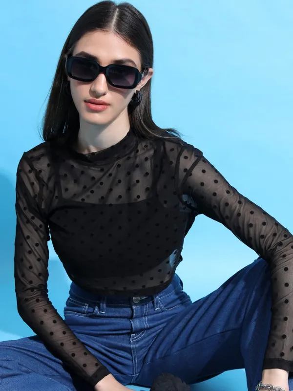  Tokyo Talkies Women Black Self Design Regular Tops