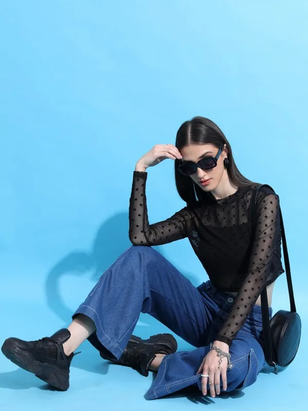  Tokyo Talkies Women Black Self Design Regular Tops