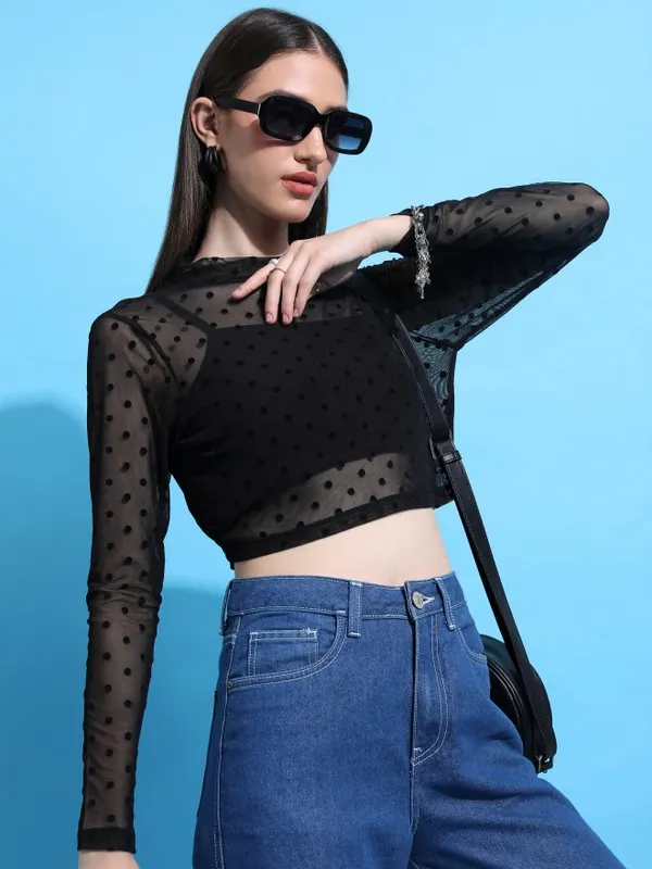 Tokyo Talkies Women Black Self Design Regular Tops