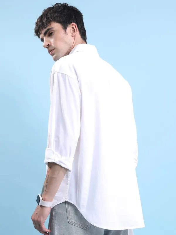  Highlander Men White Solid Oversized Fit Casual Shirts