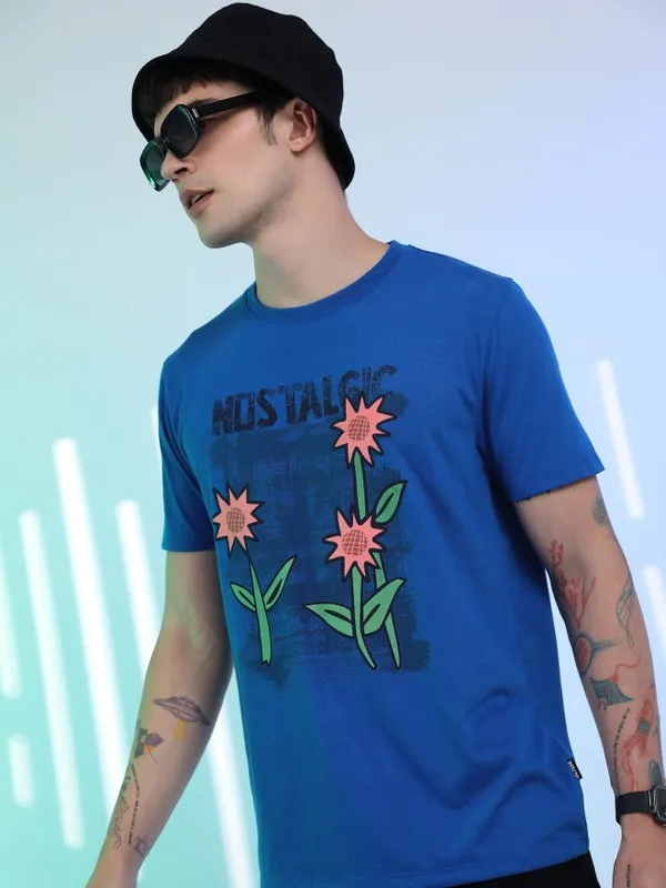  Highlander Men Blue Printed Round Neck T-Shirts