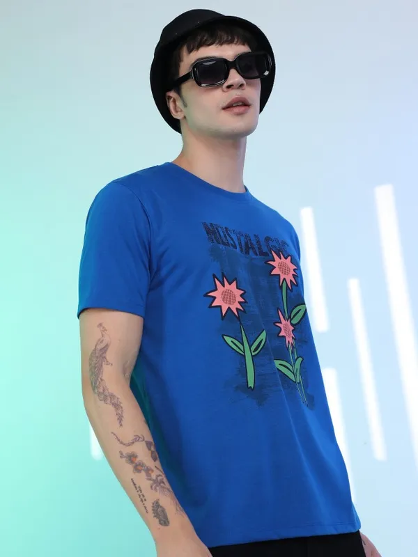  Highlander Men Blue Printed Round Neck T-Shirts