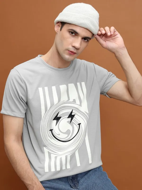  Highlander Men Grey Printed Round Neck T-Shirts