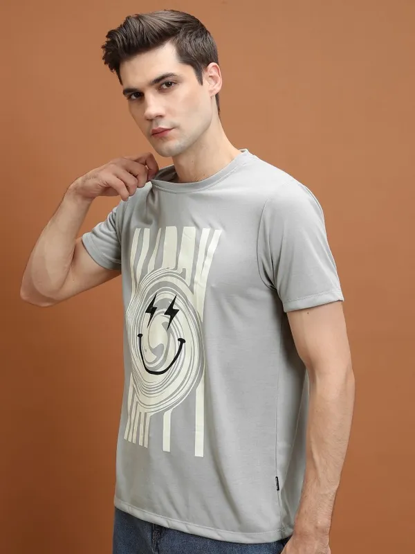  Highlander Men Grey Printed Round Neck T-Shirts