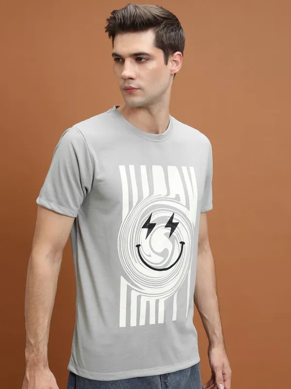  Highlander Men Grey Printed Round Neck T-Shirts