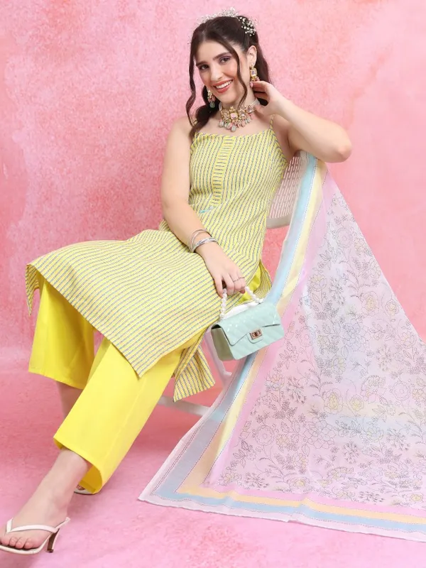 Vishudh Women Yellow Striped Kurta With Palazzo And Dupatta