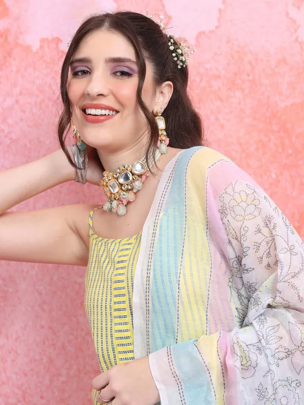 Vishudh Women Yellow Striped Kurta With Palazzo And Dupatta