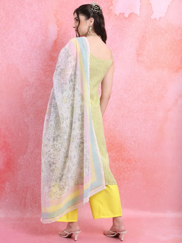 Vishudh Women Yellow Striped Kurta With Palazzo And Dupatta