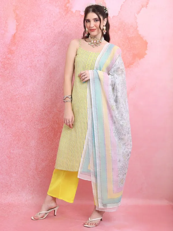 Vishudh Women Yellow Striped Kurta With Palazzo And Dupatta