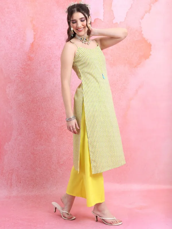 Vishudh Women Yellow Striped Kurta With Palazzo And Dupatta