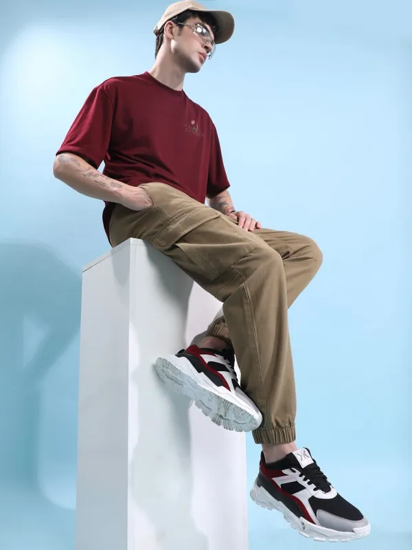  Highlander Men Sand Regular Fit Solid Casual Trousers