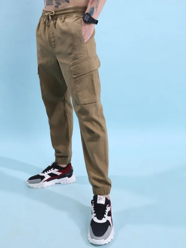  Highlander Men Sand Regular Fit Solid Casual Trousers