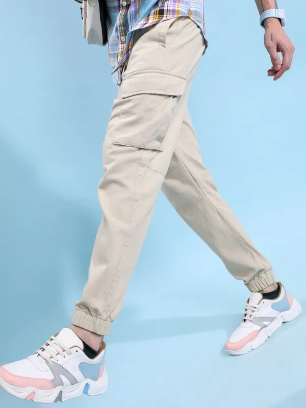  Highlander Men Beige Regular Fit Solid Casual Trousers