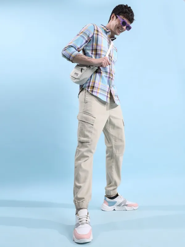  Highlander Men Beige Regular Fit Solid Casual Trousers