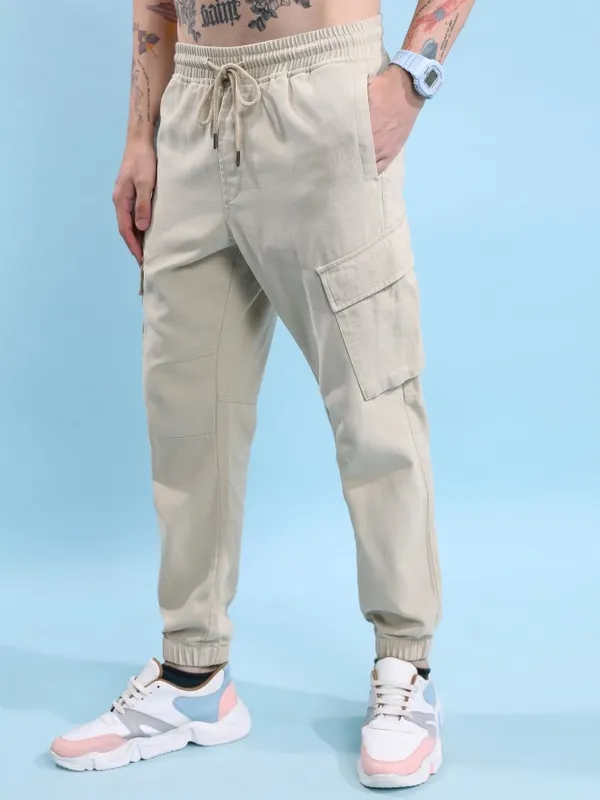  Highlander Men Beige Regular Fit Solid Casual Trousers