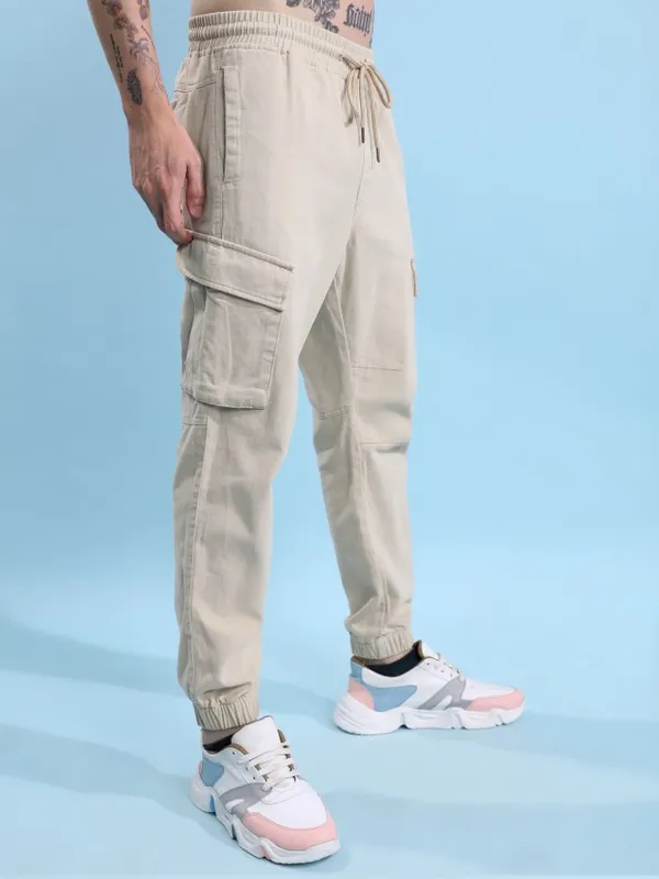  Highlander Men Beige Regular Fit Solid Casual Trousers