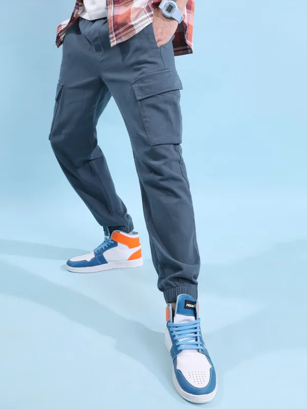  Highlander Men Blue Regular Fit Solid Casual Trousers
