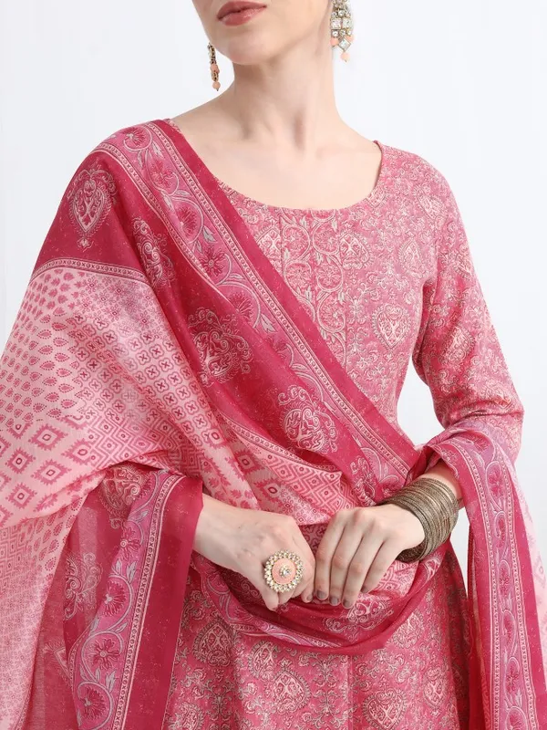 Vishudh Women Pink Printed Kurta With Palazzo And Dupatta