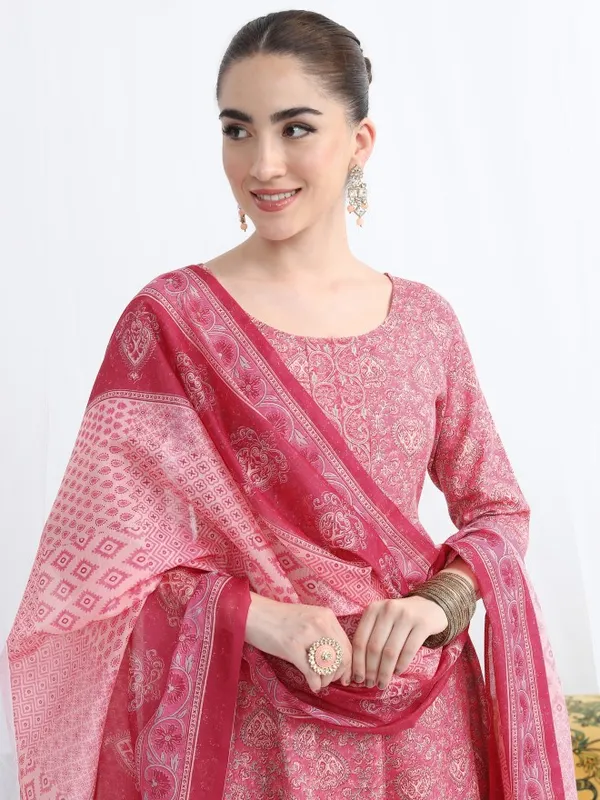 Vishudh Women Pink Printed Kurta With Palazzo And Dupatta